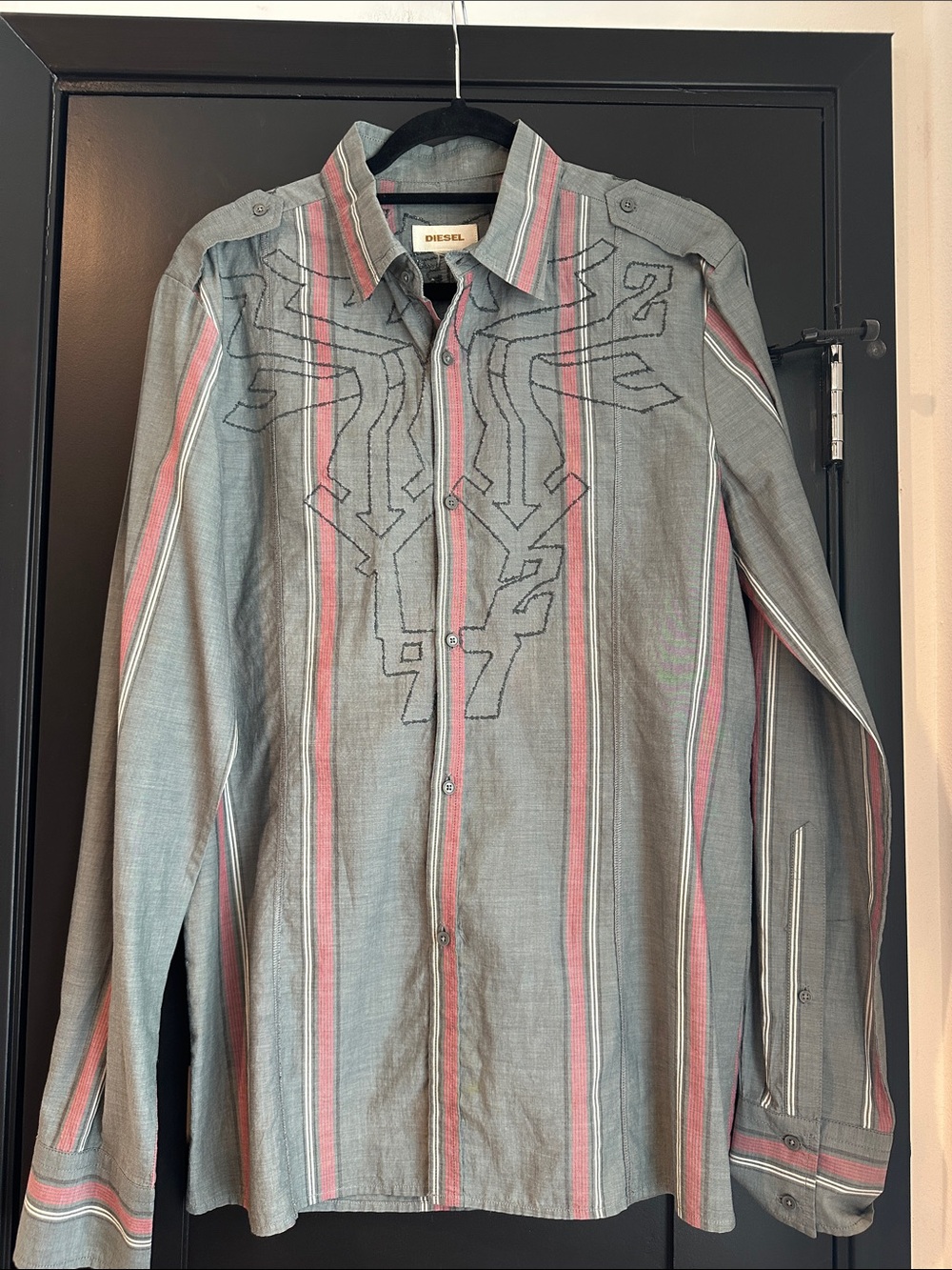 Diesel Gray Button-Down Shirt with Pink Stripes
